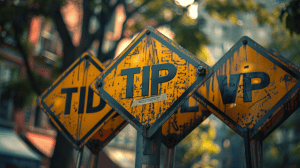 Old yellow sign that has the word TIP with some other signs behind it.