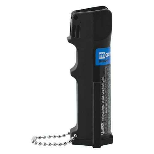 Mace Triple Action Police Pepper Spray with Keychain Viewing with side of the spray