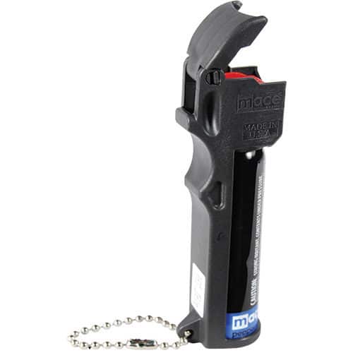 Triple Action Personal Pepper Spray with Keychain by Mace Side View Showing Flip Top up and revealing red button