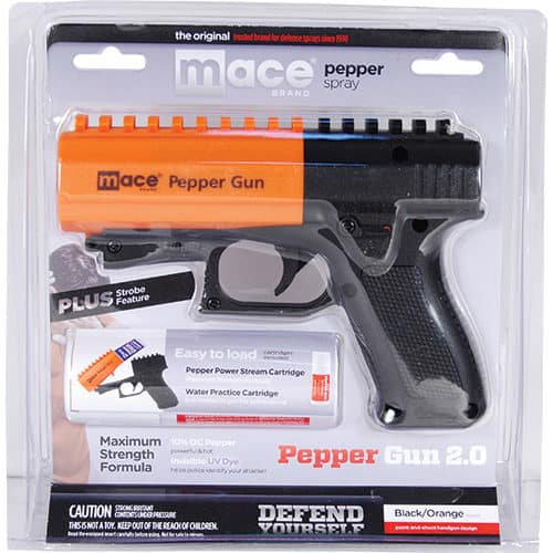 Orange and Black Mace® Brand Pepper Gun 2.0 Side View in Blister Packaging