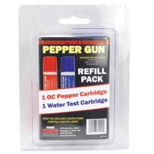 Mace Pepper Gun Water Refill Practice Cartridge and OC Pepper Spray Viewed In Dual Blister Pack