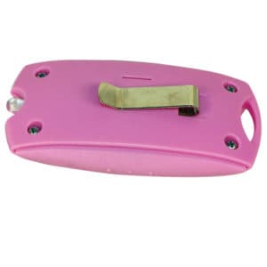 Mini Pink Personal Alarm with LED flashlight Back View of Belt Clip