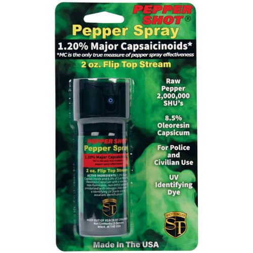 2 ounce Pepper Shot Stream Pepper Spray with Flip Top Front View of Blister Pack