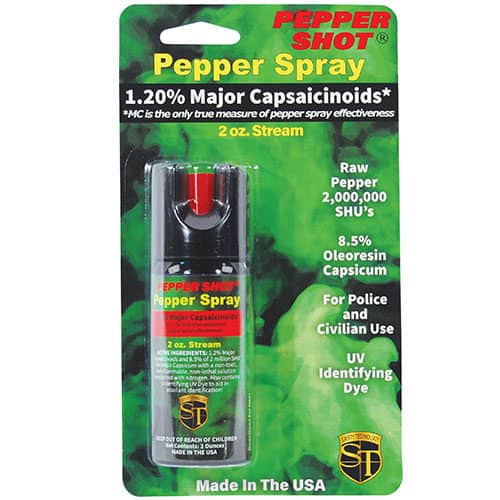 2 ounce Pepper Shot Stream Pepper Spray Front View of Blister Pack