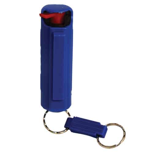 Pepper Shot 1.2% MC 1/2 oz Pepper Spray Blue Hard Case Belt Clip and Quick Release Key Chain Back View