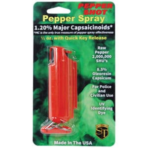 Red Pepper Shot 1/2 oz Pepper Spray Hard Case Belt Clip and Quick Release Keychain Front View of Blister Pack