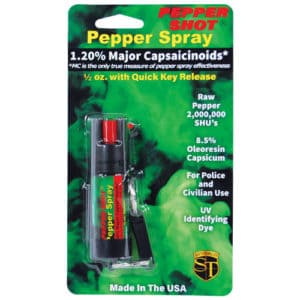 1.2% MC 1/2 oz Pepper Shot Pepper Spray Belt Clip and Quick Release Key Chain In Blister Packaging