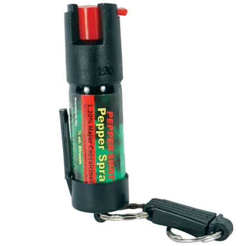 Front View of 1/2 oz Pepper Shot Pepper Spray Belt Clip and Quick Release Key Chain