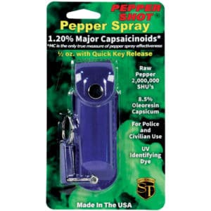 Blue Pepper Shot 1/2 oz Pepper Spray Leatherette Holster Blister Packaging View