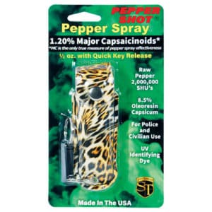 Leopard Black and Orange Pepper Shot 1/2 oz Pepper Spray Pink Leatherette Holster Blister Packaging View