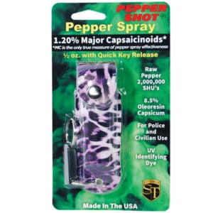 Leopard Black and Purple Pepper Shot 1/2 oz Pepper Spray Pink Leatherette Holster Blister Packaging View