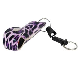 Leopard Black and Purple Pepper Shot 1/2 oz Pepper Spray Leatherette Holster View of Quick Disconnect Key chain