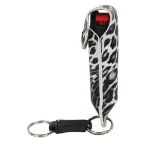 Leopard Black and White Pepper Shot 1/2 oz Pepper Spray Leatherette Holster Side View