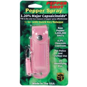 Pepper Shot 1/2 oz Pepper Spray Pink Leatherette Holster Blister Packaging View