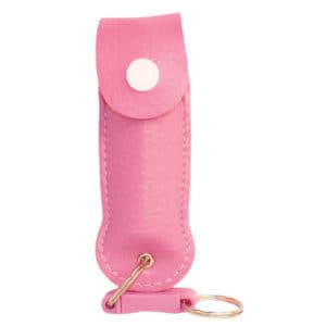 Pepper Shot 1/2 oz Pepper Spray Pink Leatherette Holster with Quick Disconnect Key chain Front View