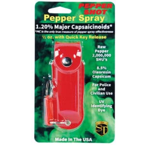 Red Pepper Shot 1/2 oz Pepper Spray Leatherette Holster Blister Packaging View