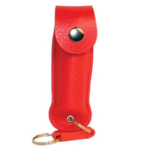 Pepper Shot 1/2 oz Pepper Spray Red Leatherette Holster with Quick Disconnect Keychain Front View