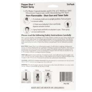 Pepper Shot 1.2% MC Tri-Pack Pepper Spray View of Back Package with Instructions and Safety Information