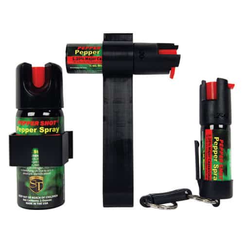Pepper Shot 1.2% MC Tri-Pack Pepper Spray Front View of three sizes - 2 oz, 1⁄2 ounce auto visor, 1⁄2 ounce