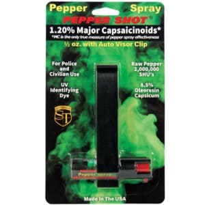 Vehicle Mounted Pepper Shot 1.2% MC 1/2 oz w/Auto Visor Clip Viewed in Blister Pack