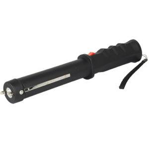 Black Stun Master Stun Baton with Flashlight View of Stunning Plates on the Side of this Non Lethal Self Defense Weapon