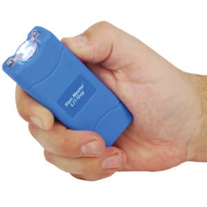 Blue Compact Lil Guy 12 Million Volt Small Stun Gun Viewed in Persons Hand