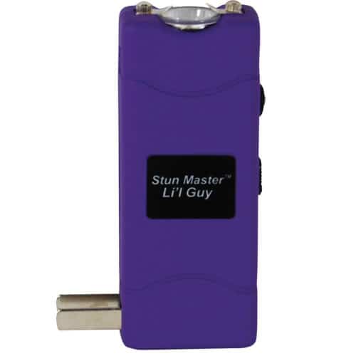 Rechargeable Lil Guy Purple Compact Stun Gun Viewed with Charging Plug
