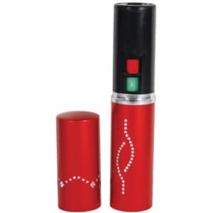 Stun Master Red Lipstick Rechargeable Flashlight Stun Gun Viewed with Top Off