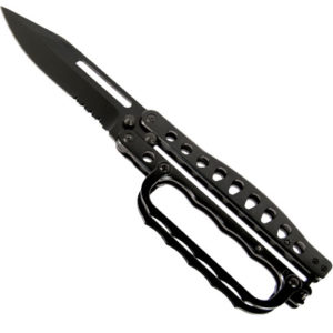 View of Opened Black Butterfly Trench Knife Displayed In Hand