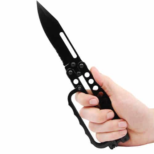 View of Opened Black Butterfly Trench Knife Displayed In Hand