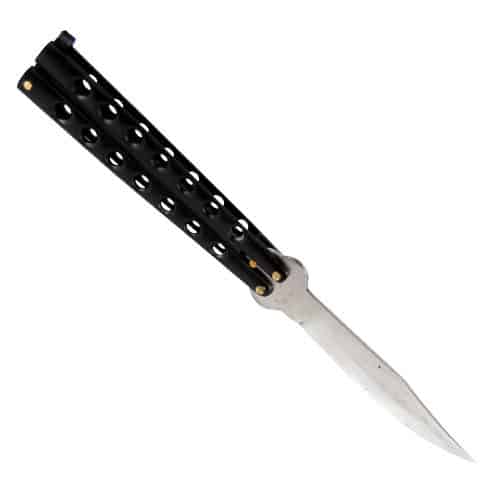 Black Stainless Steel Butterfly Knife Straight Back Blade Viewed Opened