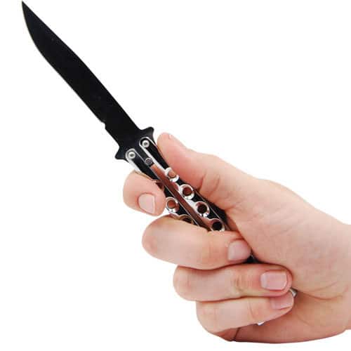 Chrome Colored Stainless Steel Butterfly Knife Viewed in Hand