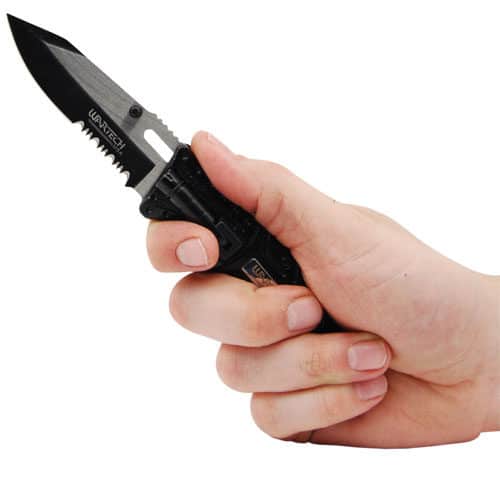 Two Tone Blade Folding Pocket Knife with Assisted Open Viewed in Hand