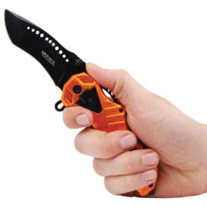 Tactical Spring Assisted Rescue Orange Folding Knife Viewed in Hand