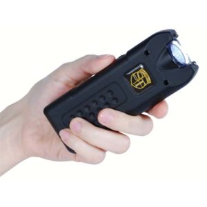 Black MultiGuard Stun Gun Rechargeable with Personal Alarm and LED Flashlight Shown in Hand