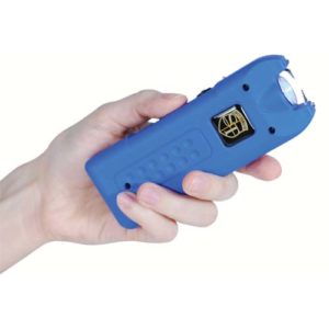 MultiGuard Blue Stun Gun Rechargeable with Personal Alarm and LED Flashlight Shown in Hand
