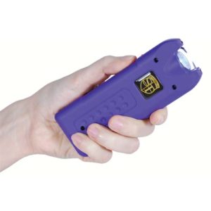 Purple MultiGuard Rechargeable Stun Gun With Personal Alarm and LED Flashlight Demonstrated in Hand