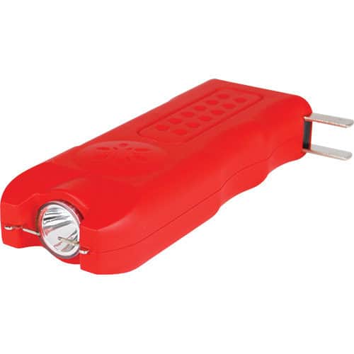 Red MultiGuard Stun Gun Personal Alarm Showing Built in Re-charger and 120 Lumen LED Flashlight