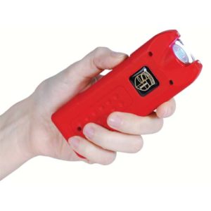 MultiGuard Red Rechargeable Stun Gun Personal Alarm with LED Flashlight Viewed in a Woman's Hand