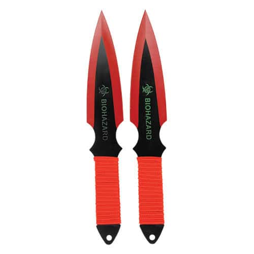 2 Piece Red Throwing Knife Set 440 stainless steel View both Knives with Bio Hazard Writing