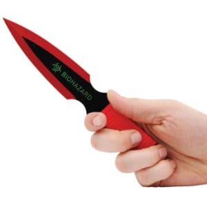 440 stainless Steel Red Bio Hazard Throwing Knife Viewed in Hand