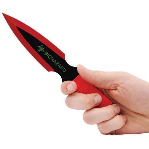 440 stainless Steel Red Bio Hazard Throwing Knife Viewed in Hand