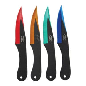 4 Piece 6.5 Inch Stainless Steel Throwing Knives Assorted Colors Front View of Blue, Red, Gold, Green Knife