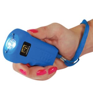Rechargeable Blue Trigger 18,000,000 volt Stun Gun Flashlight Viewed in Hand with Wrist Strap
