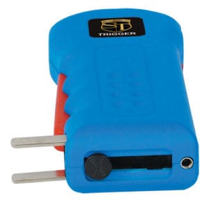 Blue Trigger Rechargeable Stun Guns Laying Down View of Charging Plug