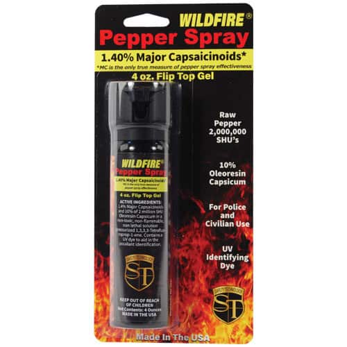 4 Ounce Flip Top Wildfire™ 1.4% MC Sticky Pepper Spray Gel Viewed in Blister Packaging