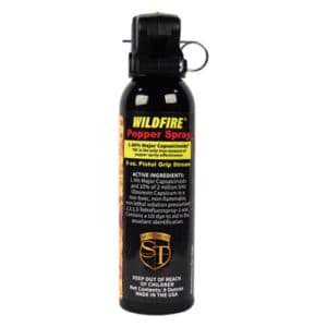 9 ounce Wildfire™ Pistol Grip Pepper Spray Fogger Front View with Active Ingredients