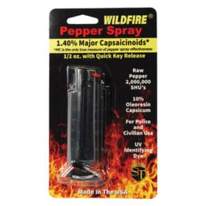 Wildfire 1.4% MC ½ oz Pepper Spray Black Hard Case Key chain Viewed in Blister Packaging