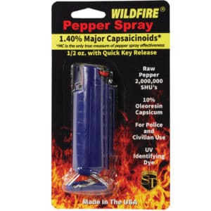 Wildfire ½ oz Pepper Spray Blue Hard Case Key chain Viewed in Blister Package