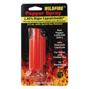 Red Wildfire 1.4% MC ½ oz Pepper Spray Hard Case Key chain Viewed in Blister Pack